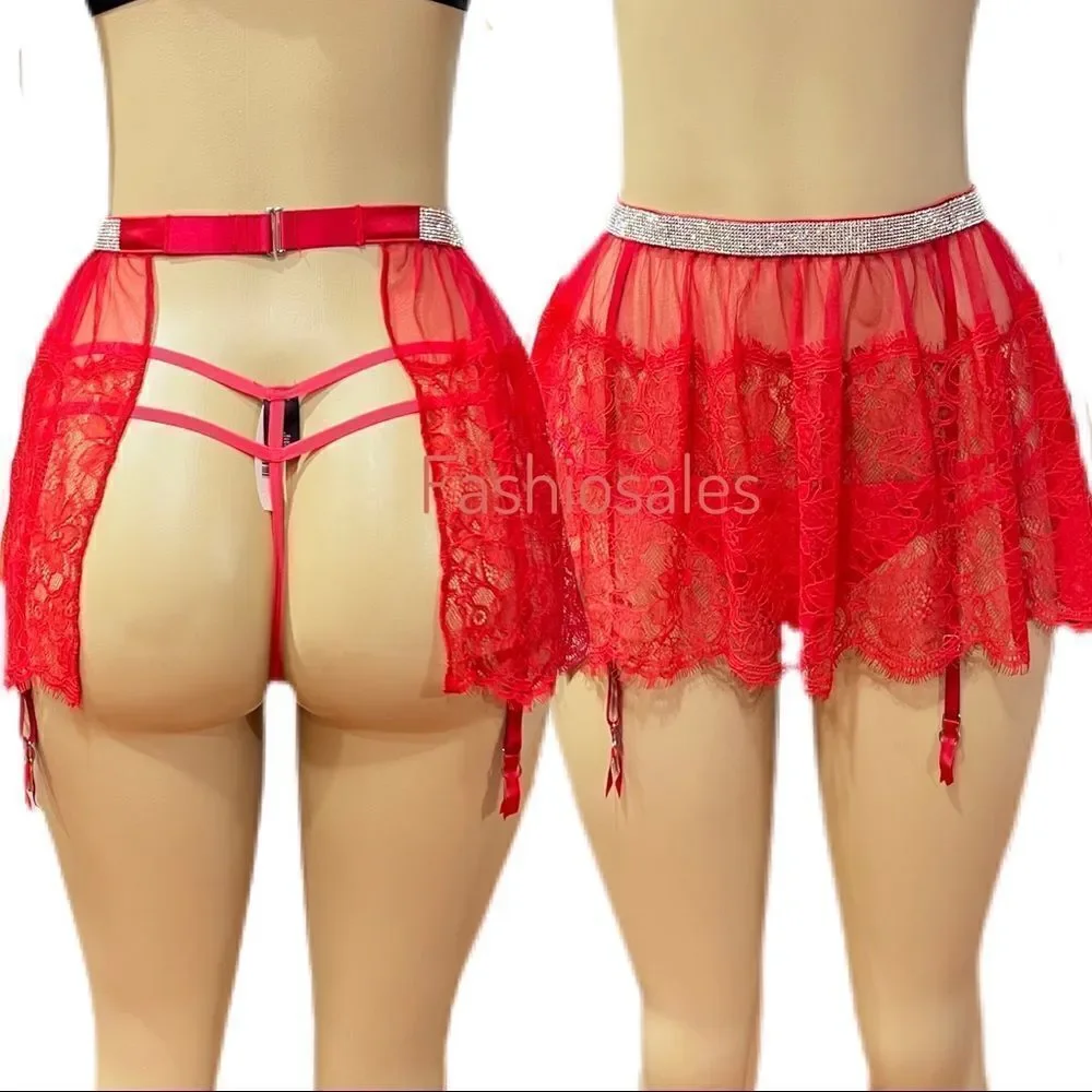 Victoria’s Secret Sexy Bling Rhinestone Shine Lace Skirt garter belt Red Xs / S